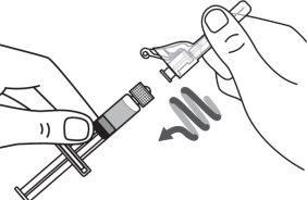 Hand holding syringe with needle and another hand screwing an adapter onto another syringe with liquid and arrow indicating direction