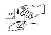 Hand holding syringe with needle inserted into the skin at a 90-degree angle, arrow indicating direction of insertion