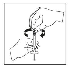 Hands holding syringe with needle, showing twisting motion to insert device into skin