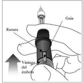 Syringe needle with slot and guide inserted into a cartridge plunger with an arrow indicating direction of push