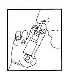 Mão segurando a garrafa com pulverizador, pulverizando o medicamento na narina, com a ponta do pulverizador visível dentro