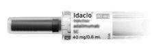 Idacio prefilled syringe with visible injectable solution and label showing 40 mg/0.8 mL dose