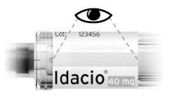 Prefilled syringe with the name of the medicine Idacio 40 mg and batch number 123456, with an eye observing the syringe