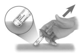 Hand holding a prefilled syringe with the needle pointing toward the skin and an enlarged circle showing the medication vial Idacio