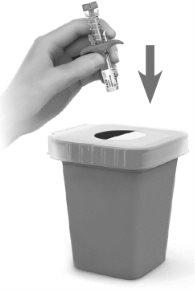 Hand holding a used autoinjector over a sharps container with arrow indicating direction of disposal