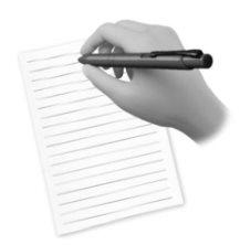 Hand holding a black pen over a white lined sheet of paper with horizontal lines