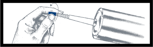 Hand twisting the blue cap of the syringe, arrow indicating the direction of rotation