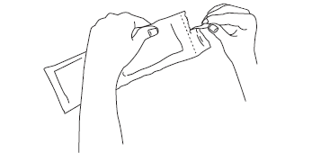 Hands opening the pouch with the pre-filled syringe, perforated line visible on the pouch