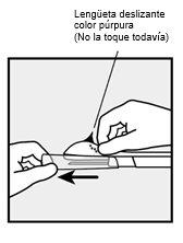 Hand holding auto-injector device with purple tab and arrow indicating direction of sliding