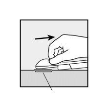 Hand holding an auto-injector on the thigh with an arrow indicating pressure and another line indicating the device