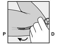 Hand holding a pre-loaded injection device applying pressure to the skin with an arrow indicating the direction