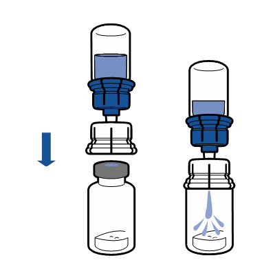 Two vials connected with Mix2Vial connector, liquid flowing from one vial to the other