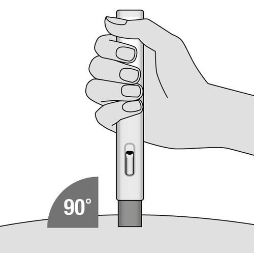 Hand holding the injector at a 90-degree angle, indicated by a number, gray surface symbolizing the skin