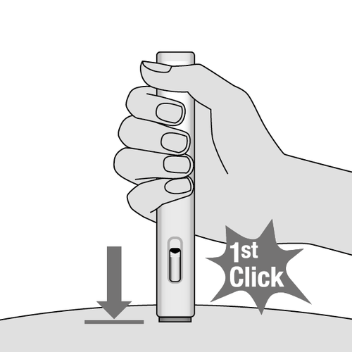 Hand holding the injector with the button, arrow pointing down, and a speech bubble with '1st Click'