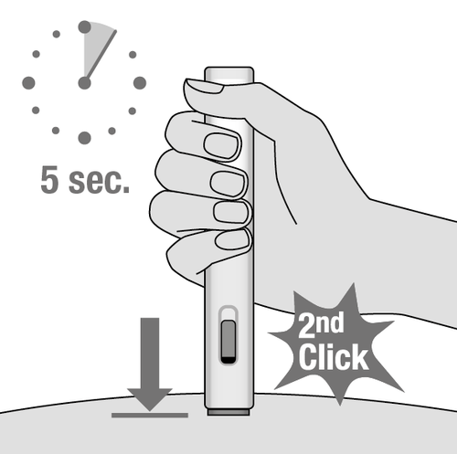 Hand holding the injector, clock showing 5 seconds, arrow pointing down, and '2nd Click' on a black background