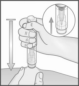 Hand holding Metex PEN pen, with circle showing cross-section of pen, arrow showing direction of injection