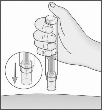 Mão segurando o injectador Metex PEN, com uma seta indicando a direcção da injeção, corte do interior do injectador
