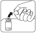 Hand unscrewing the vial cap with the drug, arrow indicating the direction of unscrewing