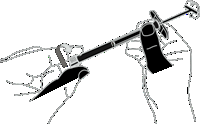 Hand holding the syringe, needle pointing down, with marked lines indicating the correct grip and position during preparation for injection