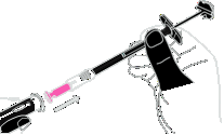 Hand holding the syringe at a 45-degree angle, inserting the needle into the muscle tissue of the arm