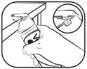 Hand opening the gel tube using the edge of a table, enlarged detail in the circle