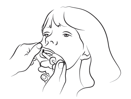 Illustration of a profile of a person administering the liquid from the syringe into the mouth, hand holding the syringe near the cheek