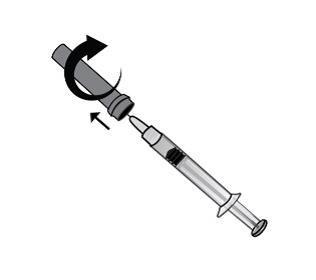 Syringe with cap, arrow indicating rotational movement of cap
