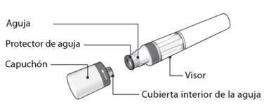 Needle with transparent protector removed showing the viewing window and inner cover, with the cap separated