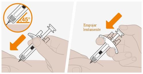 Jeringa precargada con aguja insertada en la piel a 45 grados y mano empujando lentamente el émbolo para inyectar el medicamento