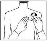 Hands applying an injection to the upper arm with a syringe and needle, curved arrow indicating the movement of insertion