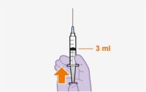Mão segurando seringa com agulha inserida, indicação de 3 ml no cilindro e seta laranja apontando para o êmbolo