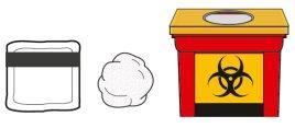 Red biological waste container with biohazard symbol and disposable items such as gauze and a dark card