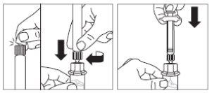 Sequence of three steps showing connection of needle to device and pressure downward with the hand