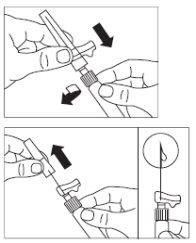 Hand holding syringe with needle inserted into skin, arrow indicating direction of injection, and detail of needle angle
