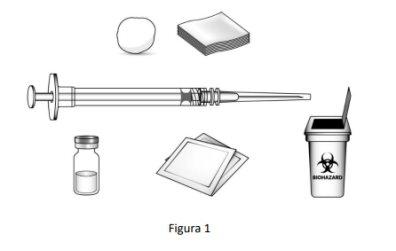 Syringe with needle, medicine vial, antiseptic wipes, biohazard container, and tablets on a white background