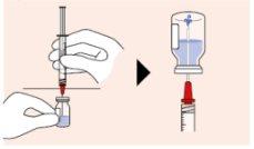 Hand holding a syringe extracting liquid from a vial with a red needle and transparent protective cap, arrow indicates process