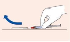 Hand holding a syringe with a needle inserted into the skin, blue arrow indicates direction of movement, and a vial of medication nearby