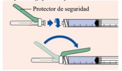 Syringe with green safety shield showing blue arrows indicating activation and unsheathing movement