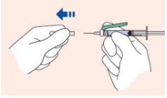 Hand holding syringe with needle inserted into the skin, blue arrow indicates direction of injection, subcutaneous technique