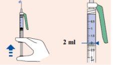 Syringe with clear liquid graduated up to 2 ml held by a hand with blue arrow indicating upward direction