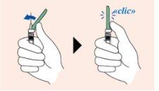 Hand holding auto-injector with arrow indicating pressure and clicking sound when activating the device