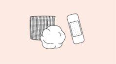 White cotton ball, rectangular adhesive dressing, and a cylindrical bottle with gray cap on a light pink background