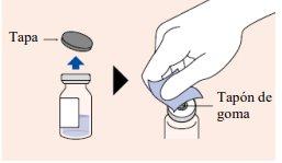 Hand removing the rubber cap from a vial of medication with a sterile cloth and arrow indicating direction