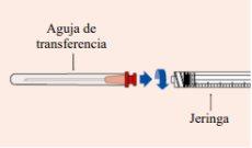 Transfer needle with red plunger and blue arrows indicating direction, connected to a transparent graduated syringe