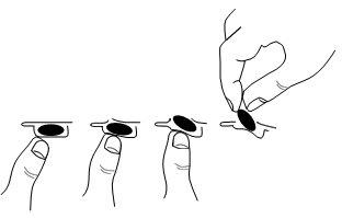 Sequence of fingers showing steps to prepare and apply an adhesive patch or dressing to the skin