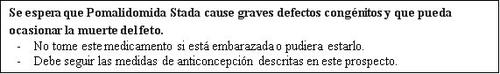 Text on a white background warning of severe congenital defects and fetal death due to the medication Pomalidomide Stada