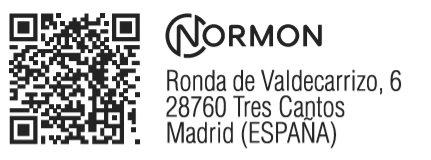 Square QR code next to the NORMON logo and company contact information in Ronda de Valdecarrizo, Madrid, Spain