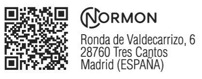 Square QR code next to the NORMON logo and company contact information in Madrid, Spain