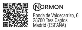 Two QR codes on the left and NORMON logo with address in Ronda de Valdecarr&iacute;zo, Tres Cantos, Madrid Spain