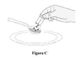 Hand sprinkling granular contents from an applicator onto a spoon containing small spheres